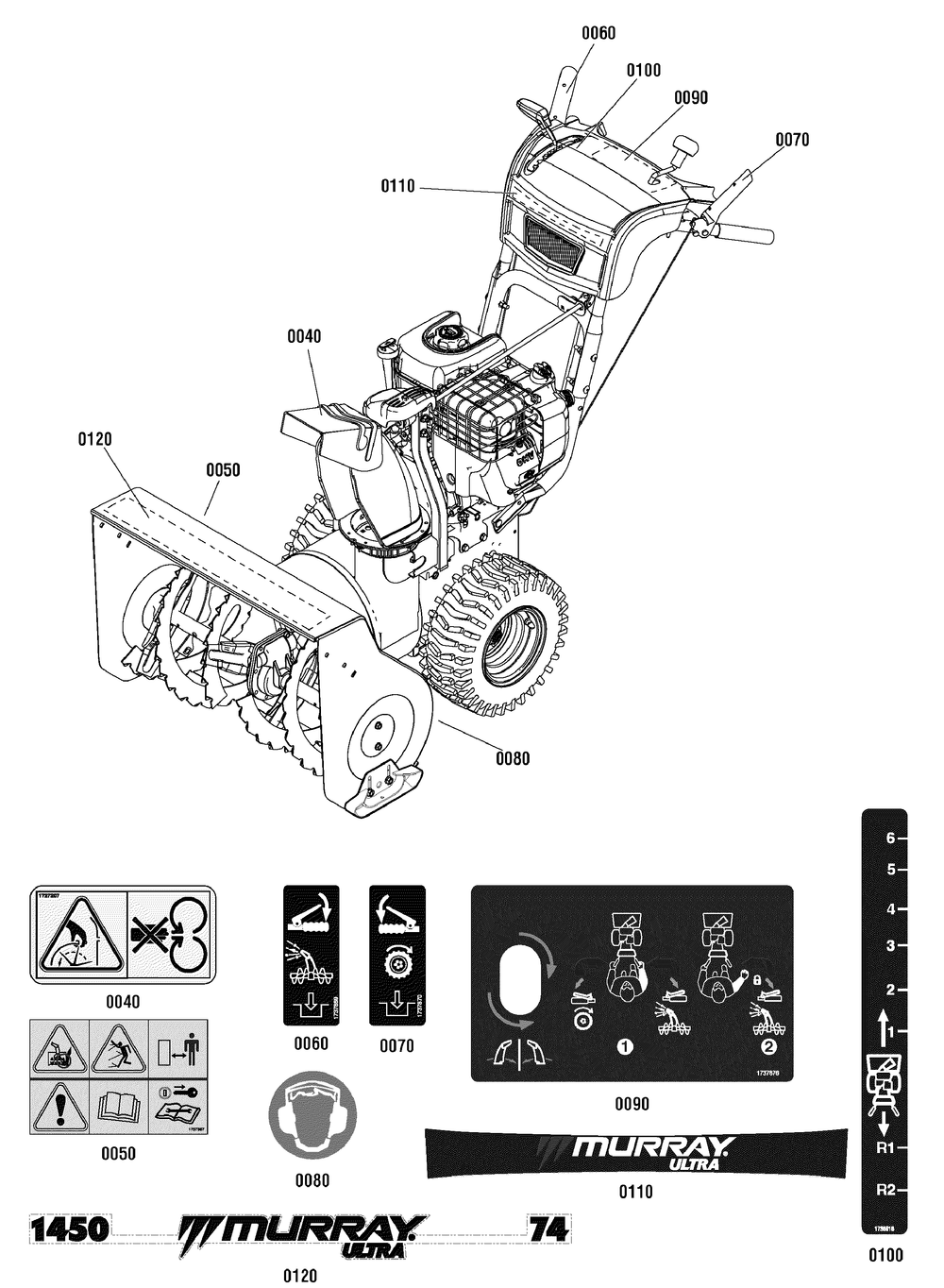 Decals Group Diagram and Parts List for 1695859-MM741450 2010 Briggs and Stratton Snow Blower